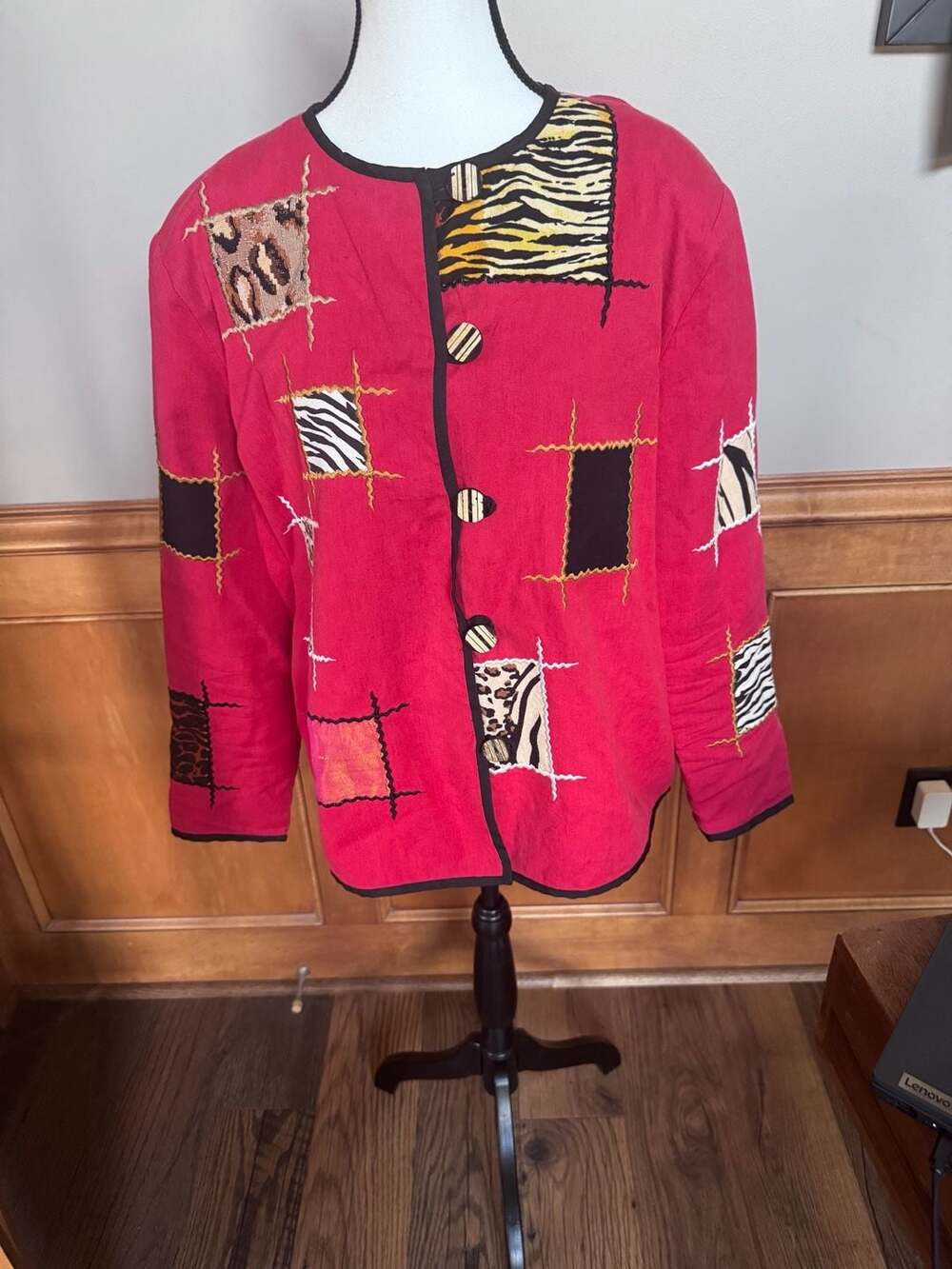 Allure Vintage Art to Wear Red Embroidered Animal Patchwork Jacket